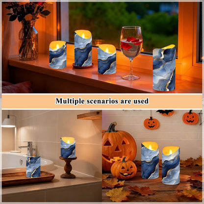 famyily Safe Indoor Decor Fake Candles with Timer 2/4/6/8H Battery Operated Candles for Bathroom Vanity 5.9x3in - Marble Silver Navy Blue