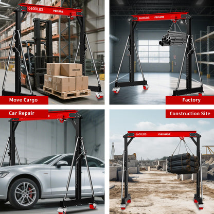3 Ton 6600LBS Gantry Crane, 2026 Upgraded Trolley, Adjustable Height (8.53-12.47 FT), Width (9.06 FT), Steel I-Beam Construction, Portable Gantry Crane for Factories, Warehouses, Auto Repair, Red