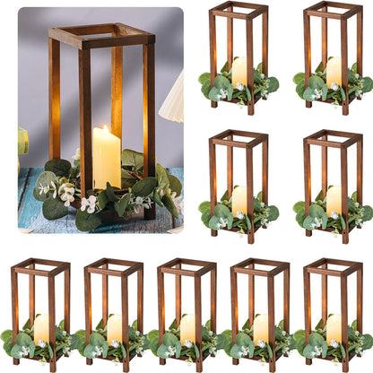 Geelin 10 Pcs Wooden Wedding Lantern Centerpiece Candle Lantern Table Wooden Candle Holder Decorative for Wedding Party Table Valentine Decor(13 in,Brown)