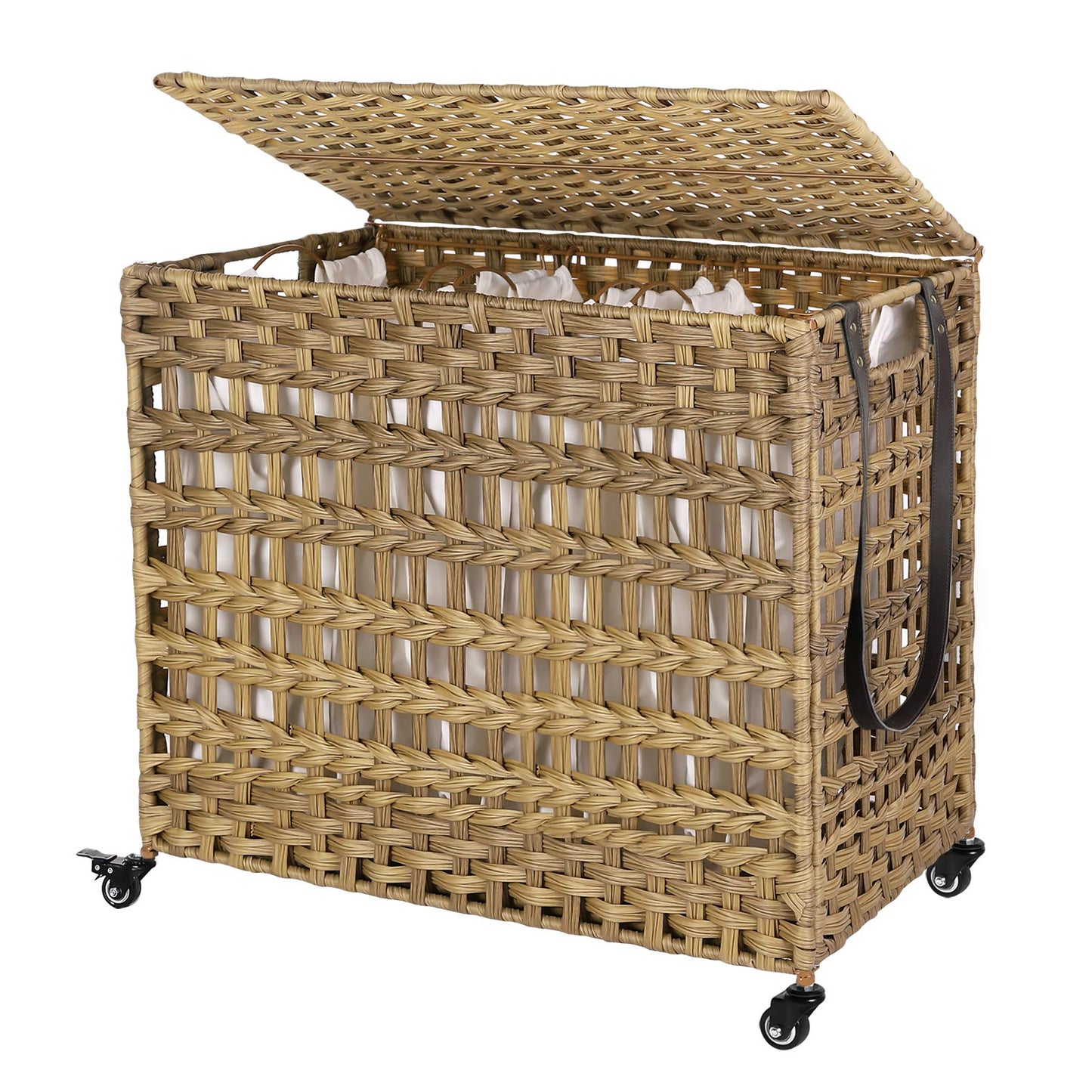 SONGMICS Laundry Hamper with Lid, 140L Synthetic Rattan Laundry Basket with Wheels, Clothes Hamper with 3 Removable Liner Bags, 3-Section Hampers with Handles, Laundry Room, Natural ULCB083N01