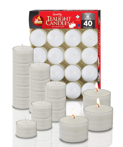 Ner Mitzvah Long Lasting Tealight Candles - 6 Hours - White in Clear Cups - Unscented - 40 Pack - Made in EU