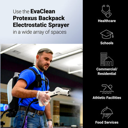 EvaClean Protexus Cordless Battery Powered Electrostatic Backpack Sprayer, 16.8V Rechargeable, 2.25-Gallon, 60-Micron Nozzle, 4Ft Hose - Commercial Disinfectant and Sanitizer - 23,000 Sq Ft Coverage