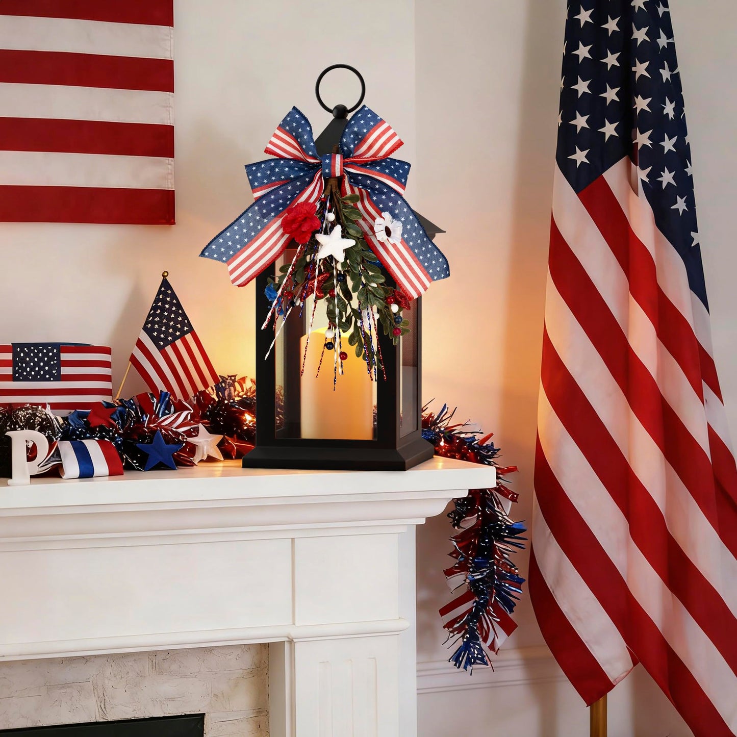 JOHUNT Patriotic Lanterns Decorative Indoor, 14" Black Lantern with Timer Flameless Candle, Battery Operated Waterproof Outdoor Hanging 4th of July Lanterns for Porch, Patio, Patriotic Decorations