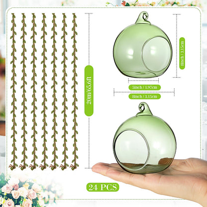 GlikCeil 26 Pcs 3.15'' Hanging Glass Candle Holder with Burlap Leaf Ribbon, Glass Orbs Air Plants Tea Light Candle Holders, Globe Plant Terrariums for Decor Indoor Outdoor Garden DIY (Green)