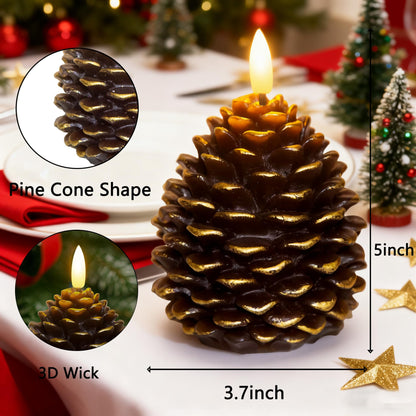 Guluto Flameless Pinecone Candles, Battery Operated Real Wax Candles, Led Flickering 3D Wick Candle with Remote and Timer for Christmas, Winter Holiday Decoration, 3.7'' x 5'' Brown