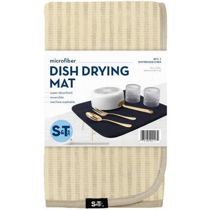 S&T INC. Dish Drying Mat, 16” x 18”, Absorbent Microfiber Kitchen Counter Mat, Dish Drying Pad for Dishes, Utensils, Pots and Pans, Large, Cream Distressed Lines