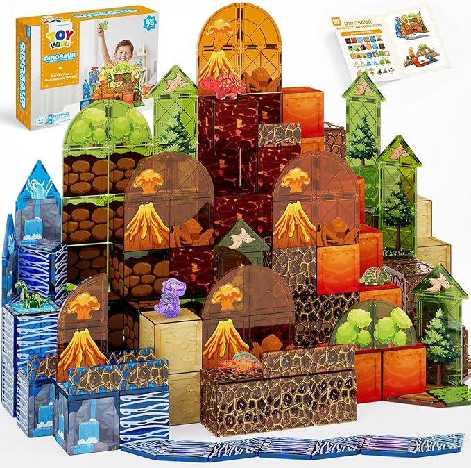 TOY Life 79PCS Magnetic Tiles Dinosaur Toys Set Magnet Building Blocks Lava Dino World for Kids Ages 3-5 Jungle Animals Construction Toys for Toddlers 4-8 STEM Educational Gift for Boys &amp Girls