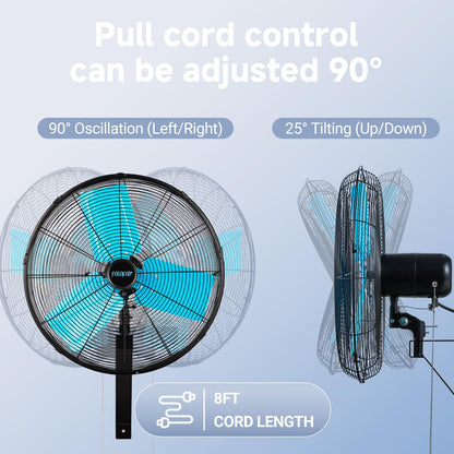 20 Inch Wall Mount Fan Oscillating High-Velocity Fans 5500 CFM, 3 Speed Industrial Wall Fan with 90°Horizontal 30°Tilt Oscillation for Warehouses, Workshops, Factories, Commercial Indoor Greenhouses