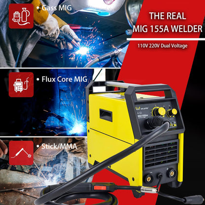 Weldpro 155 Amp MIG Welder, 110V/220V 3 in 1 Welding Machine, Flux Core MIG/Gas MIG/MMA/Stick Welder, Welder Machine with Synergy, IGBT Inverter Portable Welder Equipment for Beginner
