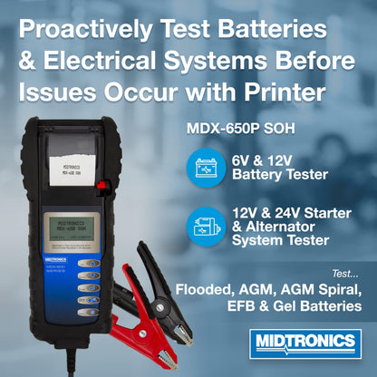 Midtronics MDX-650P SOH -12V & 24V Digital Battery Conductance & Electrical System Analyzer Battery Tester + Printer - I0' Cables, SOH Graph, Tool Bag