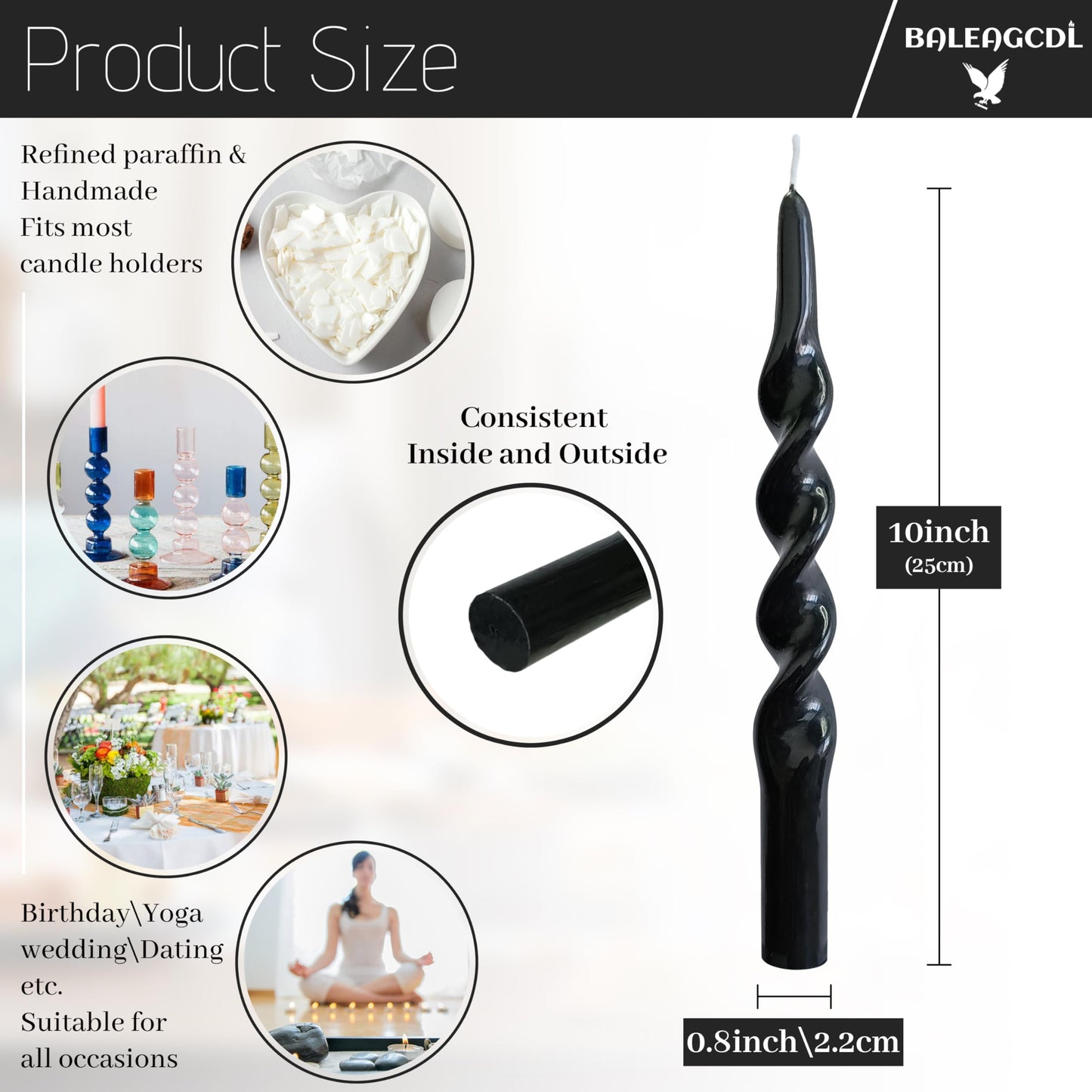 BALEAGCDL Twisted Taper Candle Black Spiral Candlesticks 10 Inch Unscented Handmade Smokeless Dinner Candles Set for Holiday Wedding Party Gift Home Decoration