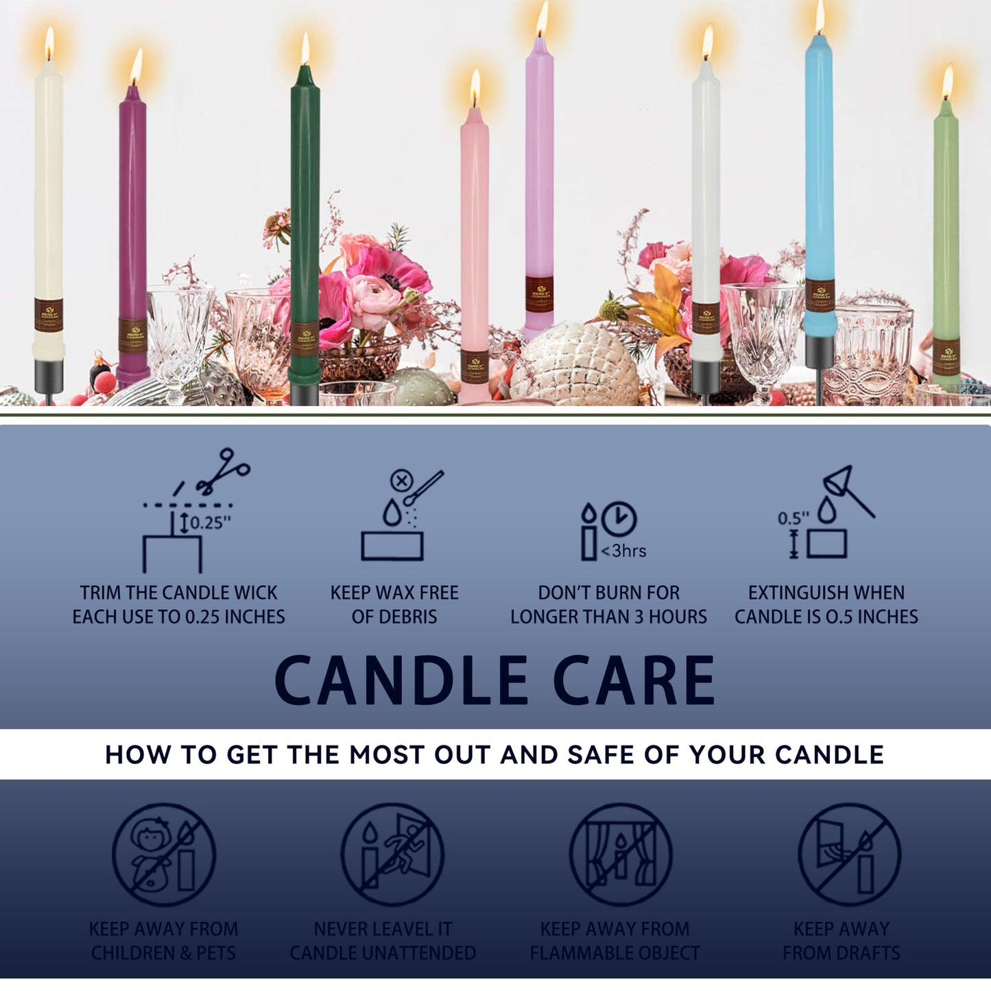 Navy Taper Candle 10 Inch Long Candlesticks Unscented Dripless Tapered Candle Set for Home Decor Wedding Party Dinner Candles, 4 Pack