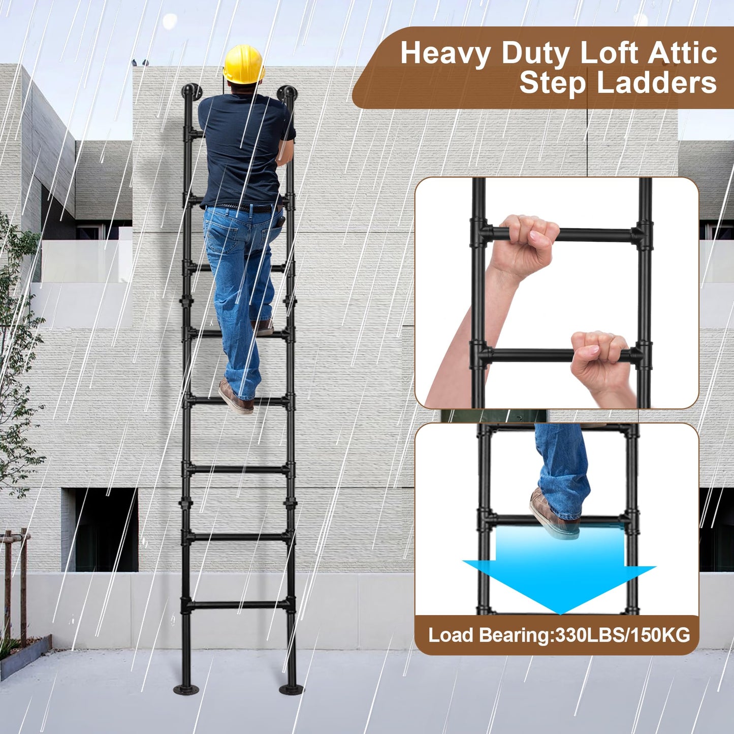 7FT/213cm Metal Loft Ladder, 7-Step Wall Floor Mounted Step Ladder for Egress Window Well, 330lbs Heavy-Duty Load Capacity, Indoor Outdoor Use for Home, Basement, High Entrance Loft Bed, Attic