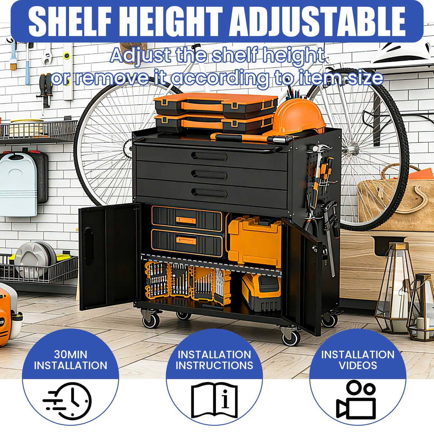 OPTYMIRA Metal Mobile Tool Storage Cabinet with 2 Locking Doors and 3 Drawers,Black Heavy Duty Rolling Tool Cabinets for Garage,Metal Storage Cabinets with Wheels and Pegboard,Assembly Required