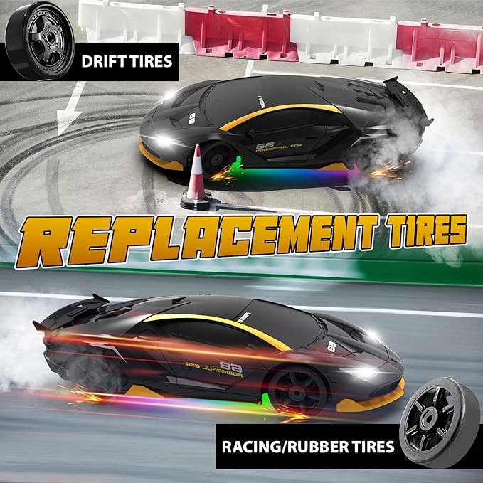 RC Drift Car Remote Control Car 2.4GHz 1/24 4WD 15KM/H High Speed Racing Sport with LED Lights Drifting Tire Toy for Adults Boys Girls Kids Gift 2Pcs Rechargeable Batteries