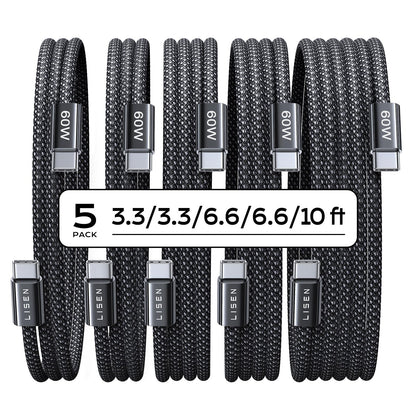 LISEN USB C Cable, 5-Pack [3.3/3.3/6.6/6.6/10FT] for iPhone 17 Charger Cord, 60W USB C to USB C Cable Fast Charging for iPhone Air 17 16 15 Pro Max, Samsung Z Flip 7/S25/S24, Switch 2, iPad, MacBook