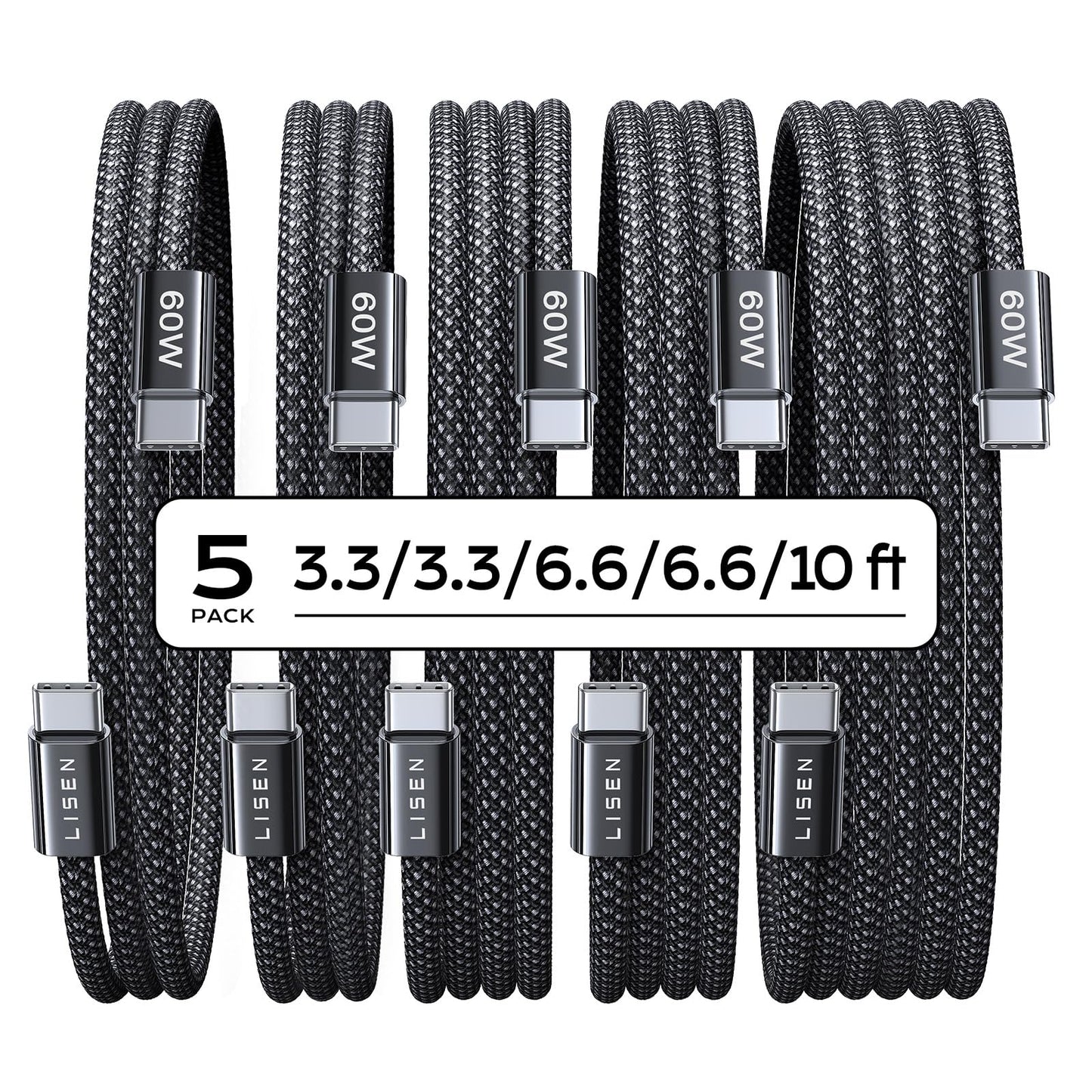 LISEN USB C Cable, 5-Pack [3.3/3.3/6.6/6.6/10FT] for iPhone 17 Charger Cord, 60W USB C to USB C Fast Charging Cable for iPhone 17 Air 16 15 Pro Max, Samsung Z Flip 7/S25/S24, Switch 2, iPad, MacBook