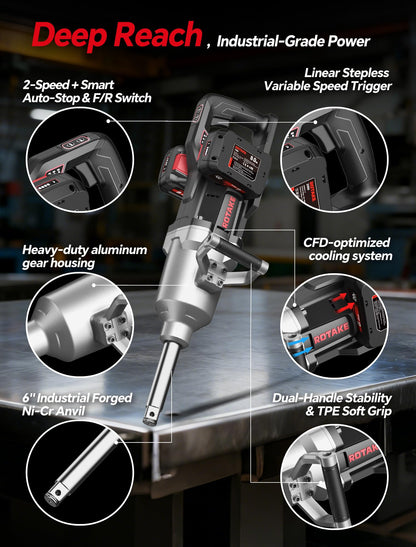 ROTAKE 1" Industrial Cordless Impact Wrench Kit, 2980 FT-LBS Nut-Busting Torque, 6-Inch Extended Reach, 40V Power (via Dual 20V 8.0Ah Batteries), High Torque Impact Gun, Dual-Port Charger, TB9
