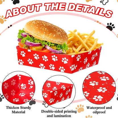 Mifoci 48 Pcs Dog Paw Print Food Trays 5 lb Large Puppy Theme Birthday Party Paper Plates Food Boats Disposable for Snack Burger Fries Party Supplies(Bright Color,Fun Style)