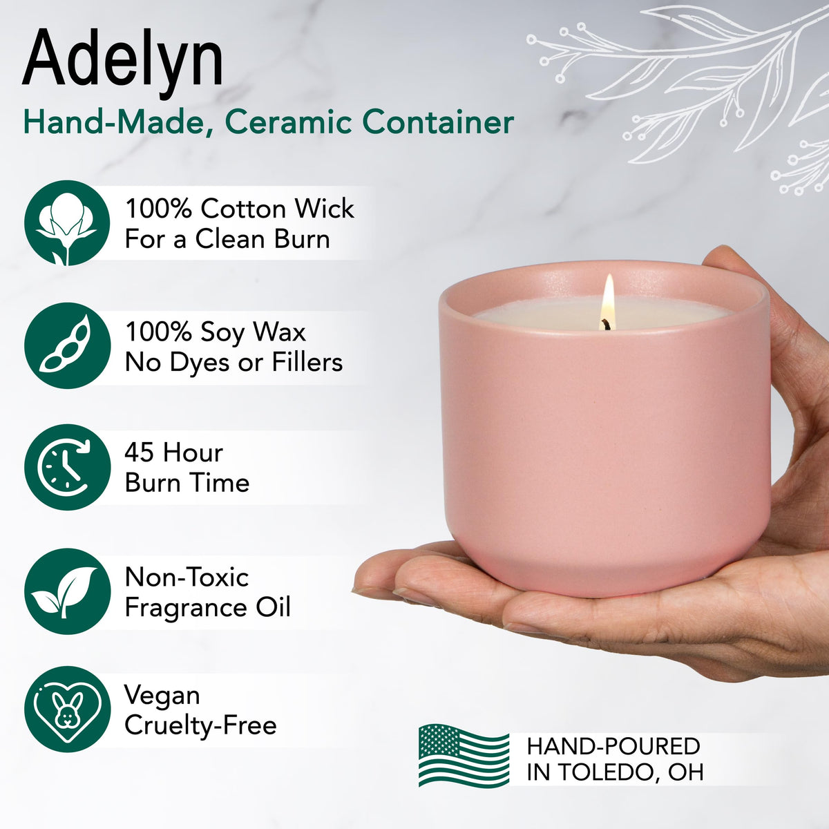 The Growing Candle, Unscented Fragrance Free Candles, 8oz Ceramic Pot, 100% Soy, Adelyn