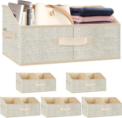 Closet Storage Bins - Large Organizer Baskets with Divider & Handles | 6 Pack Trapezoid Fabric Cubes - Beige