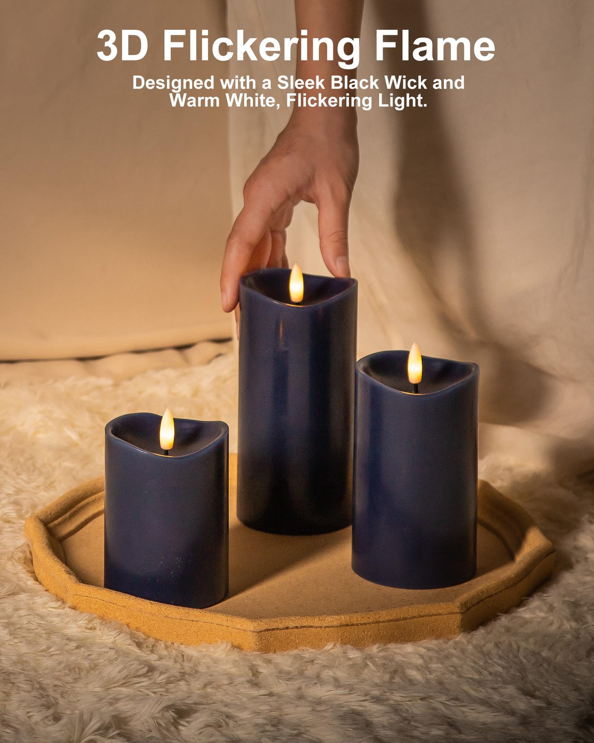 Velsyn Navy Blue Flameless Candles with Remote and Timer, Real Wax Made LED Pillar Candles Battery Operated with 3D Flickering Flame Melted Top, 3" x 4",5",6", Navy Blue Decor, Set of 3