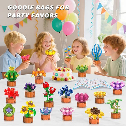 24 Pack Flowers Succulent Party Favors for Kids Building Set - 1012pcs Botanical Bonsai 3.6mm Mini Building Blocks Toy for Easter Basket Fillers Classroom Prize Stocking Stuffer Gift for Girl Boy 6+