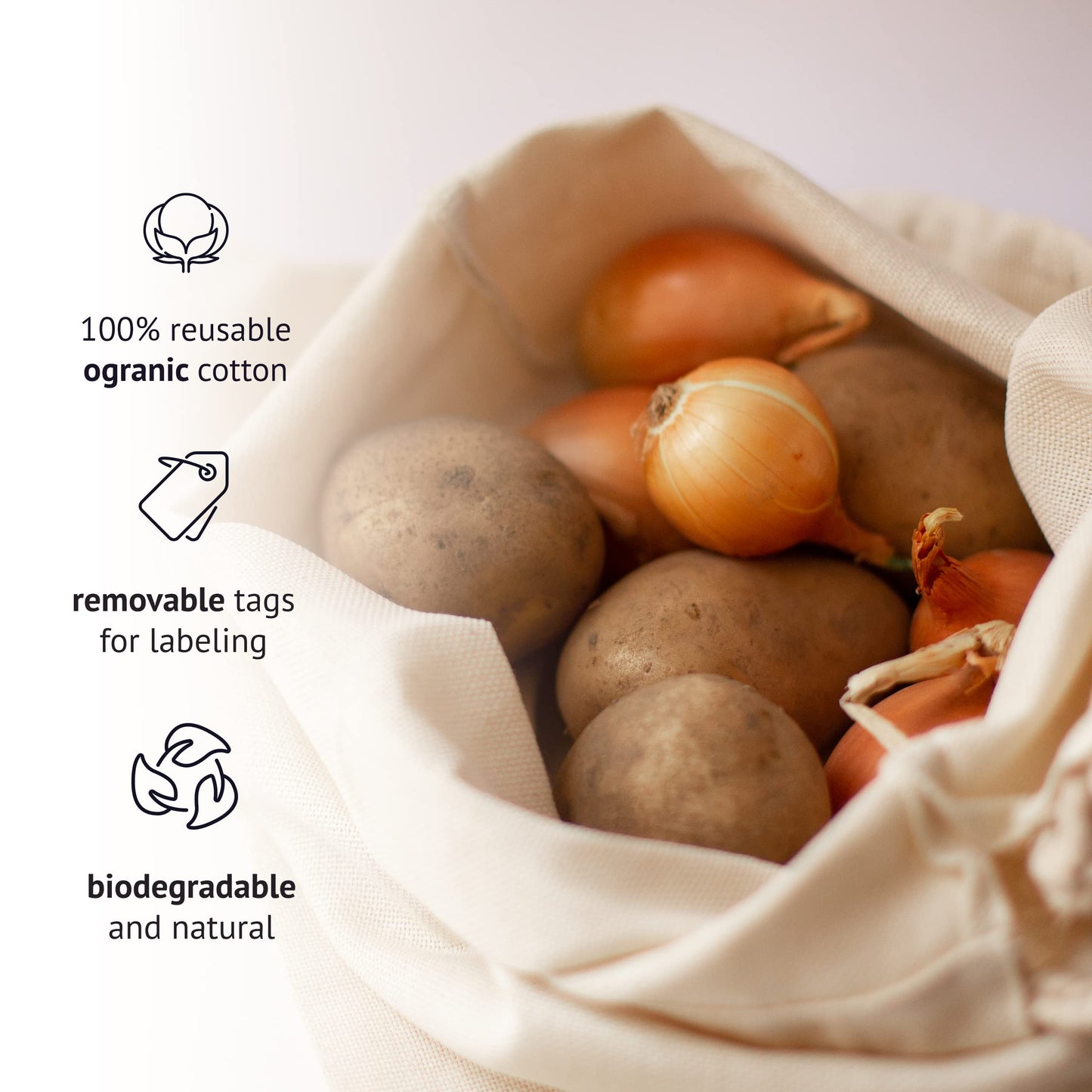 LEAFICO Cotton Storage Bags – X-Large 14x17 Inch (6-Pack) – Reusable Muslin Bags with Drawstrings – Biodegradable Canvas Fabric Sacks – Perfect for Bread, Bulk Produce, Potatoes, Onions, Shoes