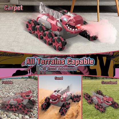 8 Wheels Dinosaur Transform RC Stunt Car - 2.4Ghz Remote Control Dinosaurs Monster Truck with Transforming &amp Spray &amp 360° Rotation Dinosaur Toys for Kids 5-7 8-12 Boy Christmas Birthday Gift