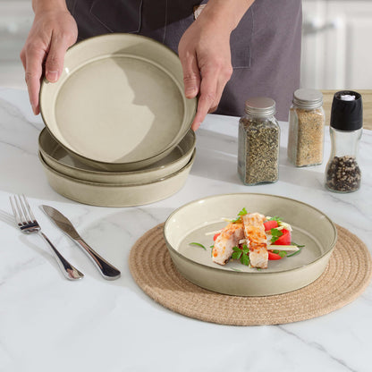 LIANYU 34oz Pasta Bowls Set of 4, 8.7’’ Wide Ceramic Bowl Plates, Shallow Stoneware Dinner Serving Plates Set for Salad, Soup, Cereal, Fruit, Dishwasher & Microwave Safe, Sandy Beige