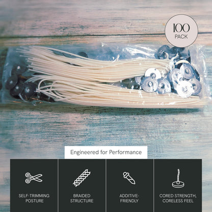 EAP Innovations HTP-104 Candle Making Wicks, Pre-Tabbed, Rigid, Self-Trimming Wicks for Candlemaking, Works with Paraffin, Gel & Vegetable Wax, 6" Length, Pack of 100