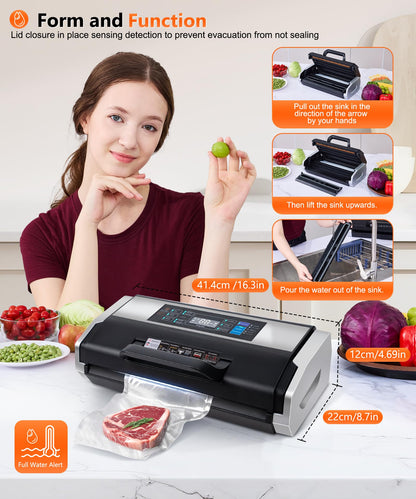 95KPa Vacuum Sealer Machine- Fully Automatic Commercial Food Sealer with 10-in-1 System, Double Heat Seal, Easy-Lock Handle & Built-in Cutter, Includes 1 Roll + 15 Bags (Black Silver)