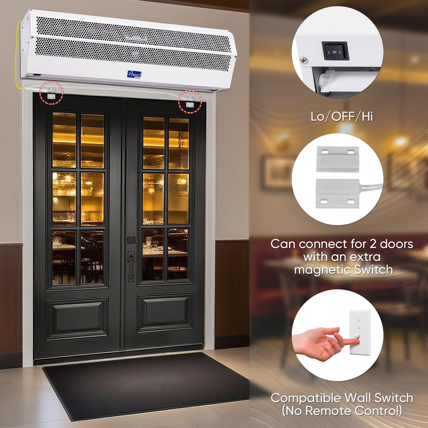 Awoco 36" Super Power 2 Speeds 1200CFM Commercial Indoor Air Curtain, UL Certified, 120V Unheated - Magnetic Door Switch Included