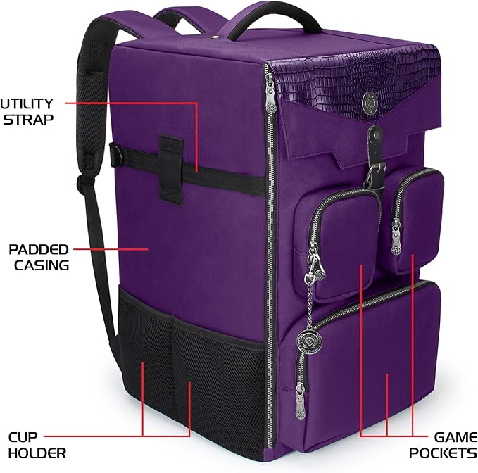 ENHANCE Collector's Edition Board Game Backpack - Reinforced Rigid Board Game Storage with Padded Shoulder Straps Carrying Handle and Accessories Pockets for Dice Card Games More (Dragon Purple)
