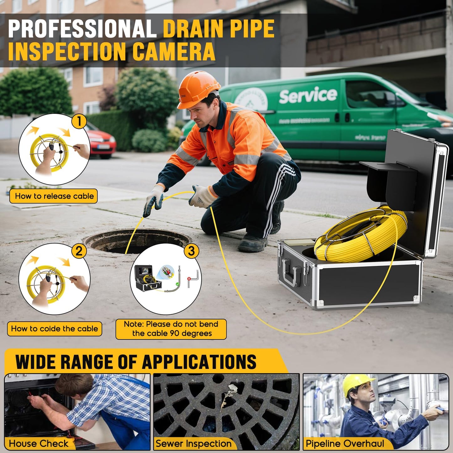 Sewer Camera 100FT, Can Connect External Monitor, Zoom in and Out, IP68 Waterproof, 12 pcs Adjustable Light, Plumbing Snake Cam with DVR Pipe Video Inspection, for Sewer Line, Drain, Duct, Plumbing