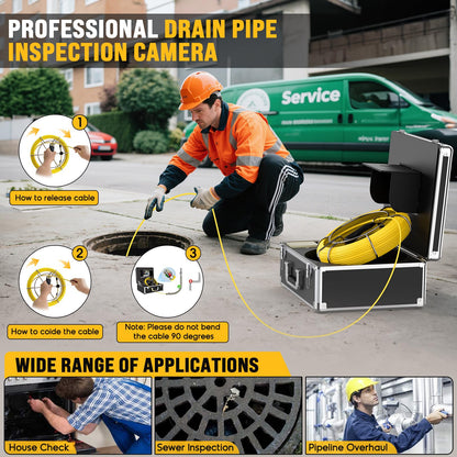Sewer Camera 100FT, Can Connect External Monitor, Zoom in and Out, IP68 Waterproof, 12 pcs Adjustable Light, Plumbing Snake Cam with DVR Pipe Video Inspection, for Sewer Line, Drain, Duct, Plumbing