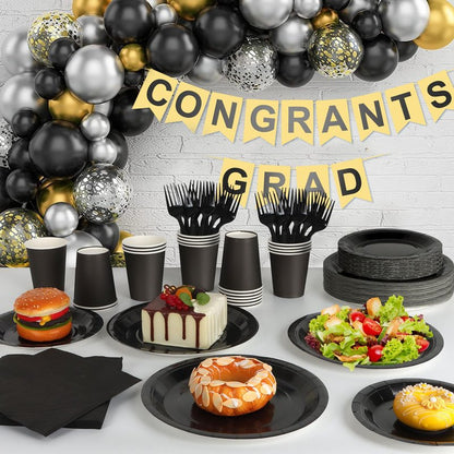 Black Paper Plates and Napkins, Disposable Black Party Plate Include 7&9INCH Plates Cups Napkins Forks Party Supplies for Father‘s Day, Graduations, Retirement, Birthday, Halloween for 25 Guests