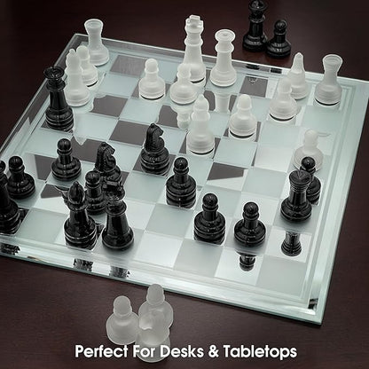 Avant-Garde Black Frosted Glass Chess Set with Mirror Board