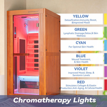 Woodbridge Infrared Home Sauna Room 1 Person Japanese Cedar Indoor Sauna with 7 Carbon Heaters, Red Light Therapy, Bluetooth Speaker, Intelligent Control Panel, Tempered Glass & Top Vent