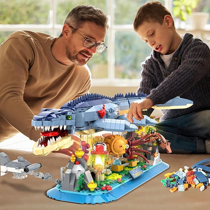 Mosasaurus Building Set with LED Light 1219 PCS Movable Ocean Animal Building Block Toy with Nautiluses Jellyfish Squid Coral Reef Ancient Reptile Home Decor Gift for Adults Teens Boys 12+