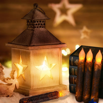 Lpraer 6Pack Real Wax Pillar Taper Candle Primitive Drip Candles Flameless Flickering LED Lights Dipped Battery Operated Halloween Decoration Set Party Festival Church Decor,Brown
