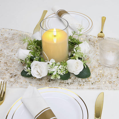 Tobilu 12 PCS Artificial Roses Rings - 3 Inch Roses Flower Wreaths with LED Candles Eucalyptus Pillar Holder Wreath for Wedding Table Centerpiece Home Decorations, White, 6 Sets