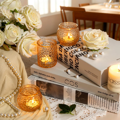 24-Piece Gold Glass Votive Candle Holders Set – Tealight Candle Holder Glass Bulk with 12 Round & 12 Hammered Textured Cups, Gold Votive Candle Holders for Weddings, Parties, Home