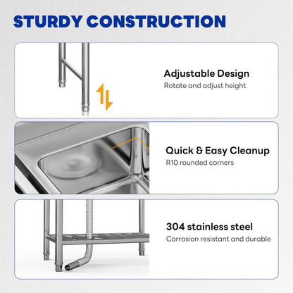 DWVO Stainless Steel Utility Sink with Cart Storage Space and Drainboards, 50in Free Standing NSF Commercial Prep Sink W/Storage Shelf for Restaurant, Laundry, Garage,Outdoor