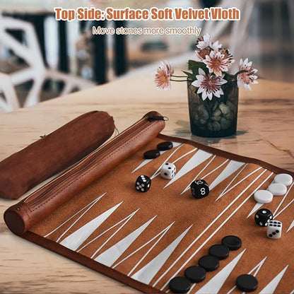 Chess Checkers and Backgammon Set 3 in 1 - Roll-up Leather Board Games Portable and Lightweight with Drawstring BagTravel-Size Board Game for Camping Backpacking Road Trips Adults