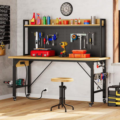 DWVO 60" Adjustable Workbench with Pegboard, Heavy Duty Wood Top Work Bench with Wheels, 1600 LBS Load Capacity, Rolling Work Table with AC/USB Outlet, Hooks, Rack for Garage, Workshop, Office, Home