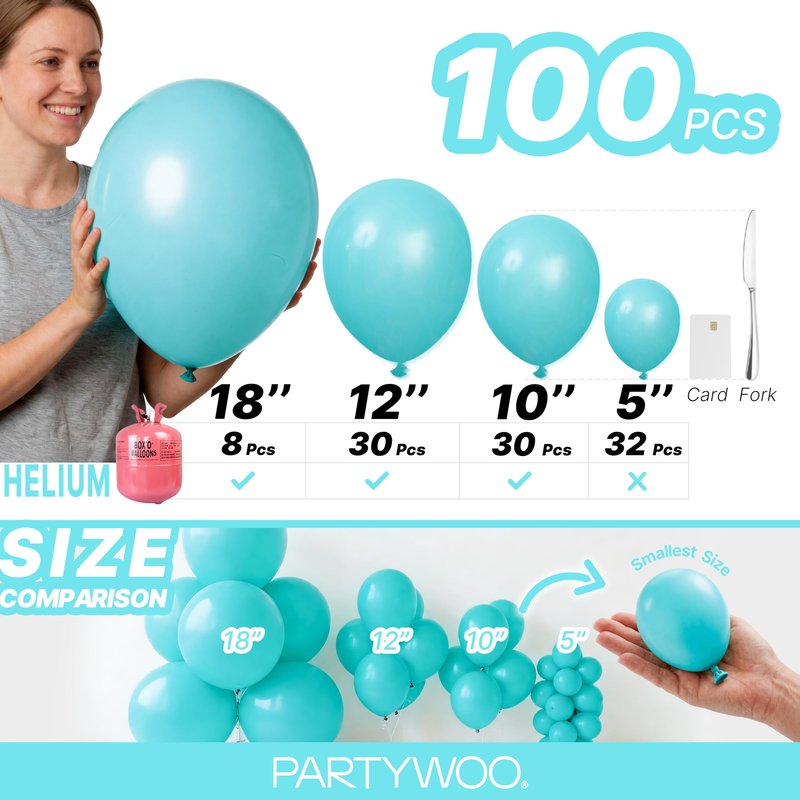 PartyWoo Teal Balloons 100pcs Different Sizes Pack of 18 12 10 5 Inch Turquoise Dark Teal Balloon Arch Kit for Baby Shower Gender Reveal Graduation Mermaid Birthday Pool Party Decorations Blue-Y69