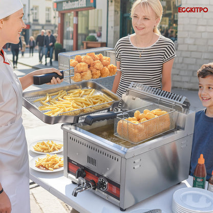 EGGKITPO 45.6LB Commercial Propane Gas Fryer with ignition 22200 BTU/h 2 Baskets Stainless Steel Oil Drain Rack Flat Lid Countertop Deep Fryer with Temp Control and Valve for Food Truck Restaurant