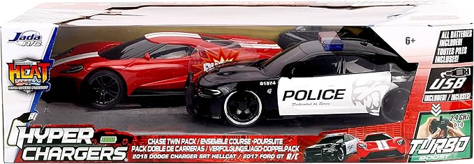 Jada Toys Hyperchargers Heat Chase Radio Control Vehicle - Twin Pack with USB Charging (2Piece) 1: 16 Scale 2015 Dodge Charger SRT Hellcat &amp 2017 Ford Gt