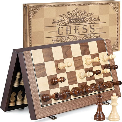 AMEROUS 17'' Magnetic Wooden Chess Set for Adults Kids - with Folding Board Gift Package Pieces Storage Slots Handmade PiecesChess Board Game Set for Tournament Professional Beginner